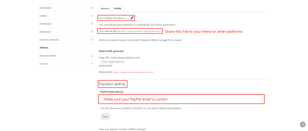 project ke affiliate dashboard Payment and referral link